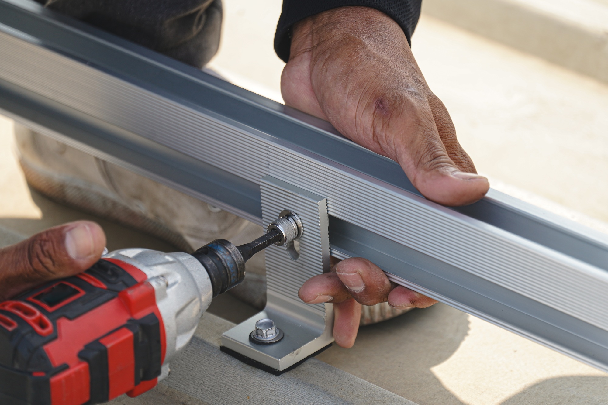 Install aluminum rails to support for solar cell panels.